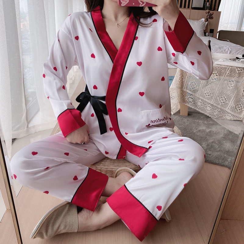 Bộ đồ ngủ tay dài kiểu kimono bằng lụa phong cách nhật bản dễ thương thời trang xuân thu dành cho nữ