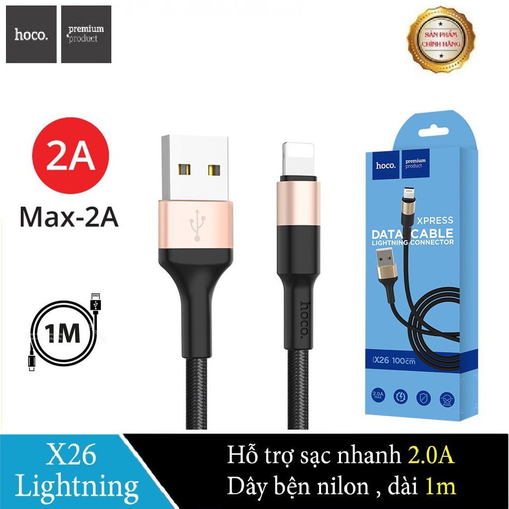 Cáp Sạc Nhanh Hoco X26 Lightning Dây Dù Chống Đứt Dành Cho IPhone IPad 1M - BH Chính Hãng 12T (MÀU SẮC NGẪU NHIÊN)