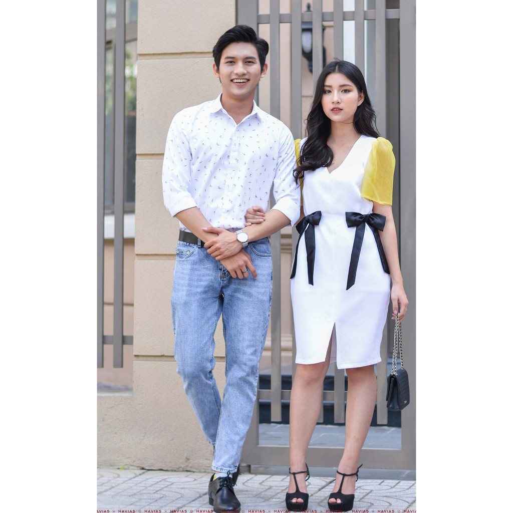 Đồ đôi Đầm Sơ Mi Couple Premium Scrawl Shirt &amp; Rippled White Dress HAVIAS