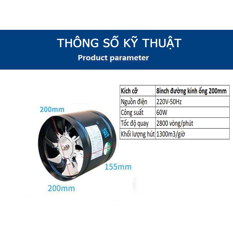 Quạt thông gió đường ống 100mm, 150mm, Quạt hút tăng áp đường ống, chất liệu thép