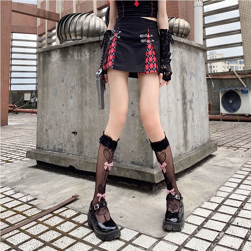 Tất ren lưới bắp chân Lolita viền ren hoa sen, đính nơ thêu trái tim thoáng mát, cá tính, cosplay Gợi Cảm Cho Nữ