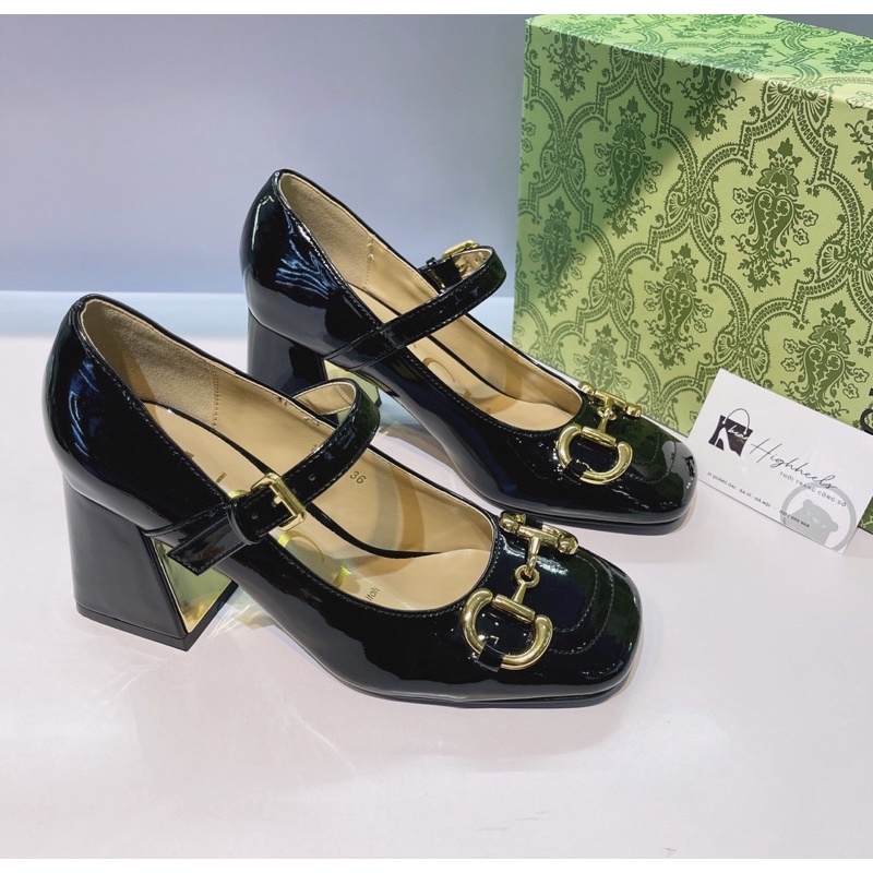 Giày cao gót đế vuông Gucci. màu đen 7 phân [Hàng Full Hộp - QCCC]