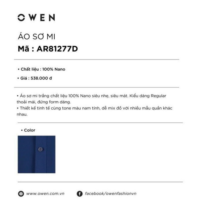 OWEN - Áo sơ mi dài tay Owen regularfit 100% NANO màu xanh navy 81277 - CHÍNH HÃNG 100%
