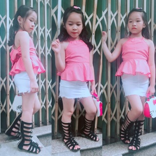 Set áo yếm caro váy trắng