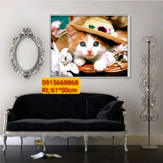 Tranh đính đá chú mèo đáng yêu ngộ nghĩnh kt 61*50cm (kèm hình thật)