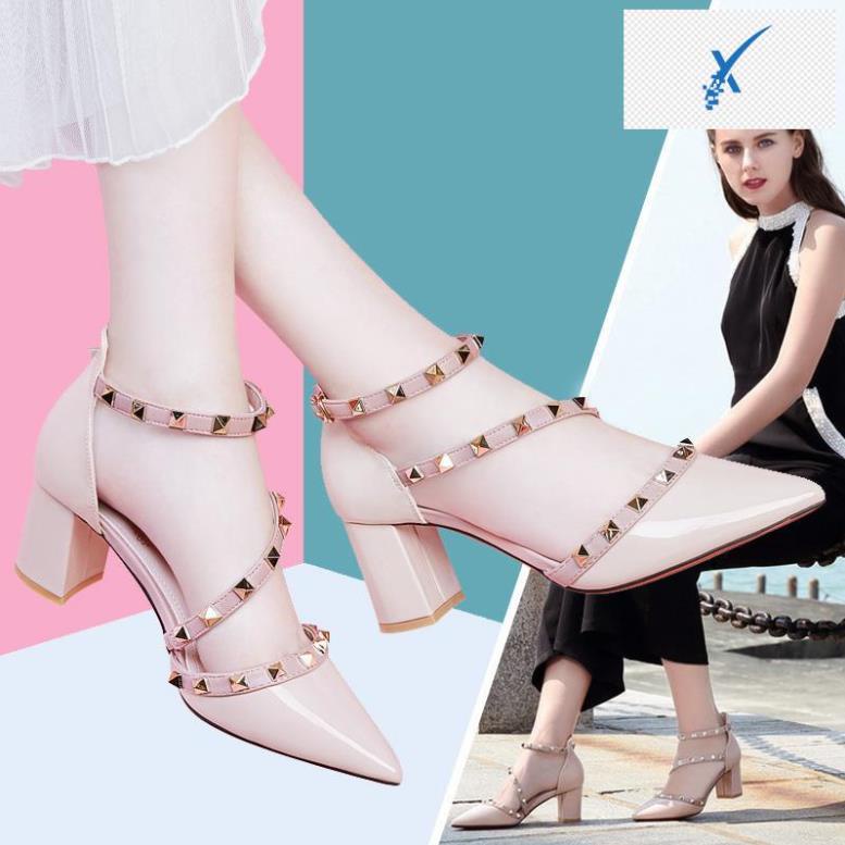 Giày cao gót đế vuông cho nữ đính đinh tán dây quai kiểu dáng thời trang cao 7p mã LNC42