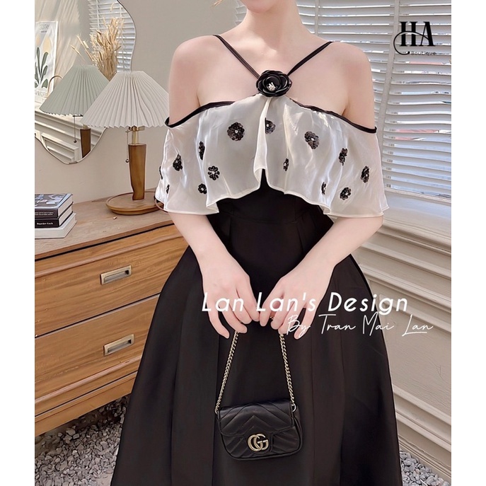 Váy trễ vai dáng xoè đính hoa hàng thiết kế cao cấp