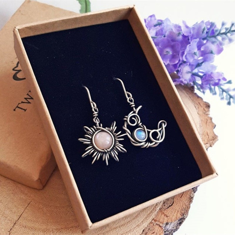 Khuyên tai bằng bạc hình mặt trời và mặt trăng phong cách Bohemia thời trang cho nữ