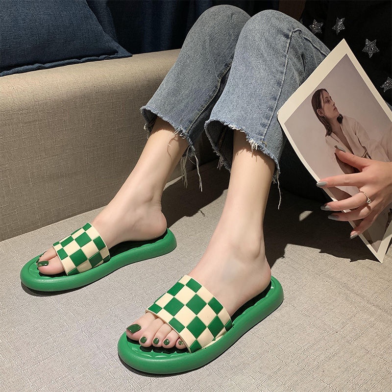 Oeggeo shop Dép Đế Bằng Kẻ Caro Trắng Đen Cho Nữ