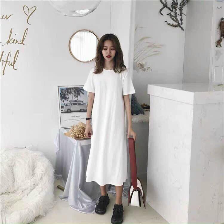 ĐẦM MAXI THUN TRẮNG TAY NGẮN, FREESIZE, CHẤT THUN MỊN ĐẸP, FORM SUÔNG DỄ MẶC <3 KÈM HÌNH THẬT CHỤP SẦN