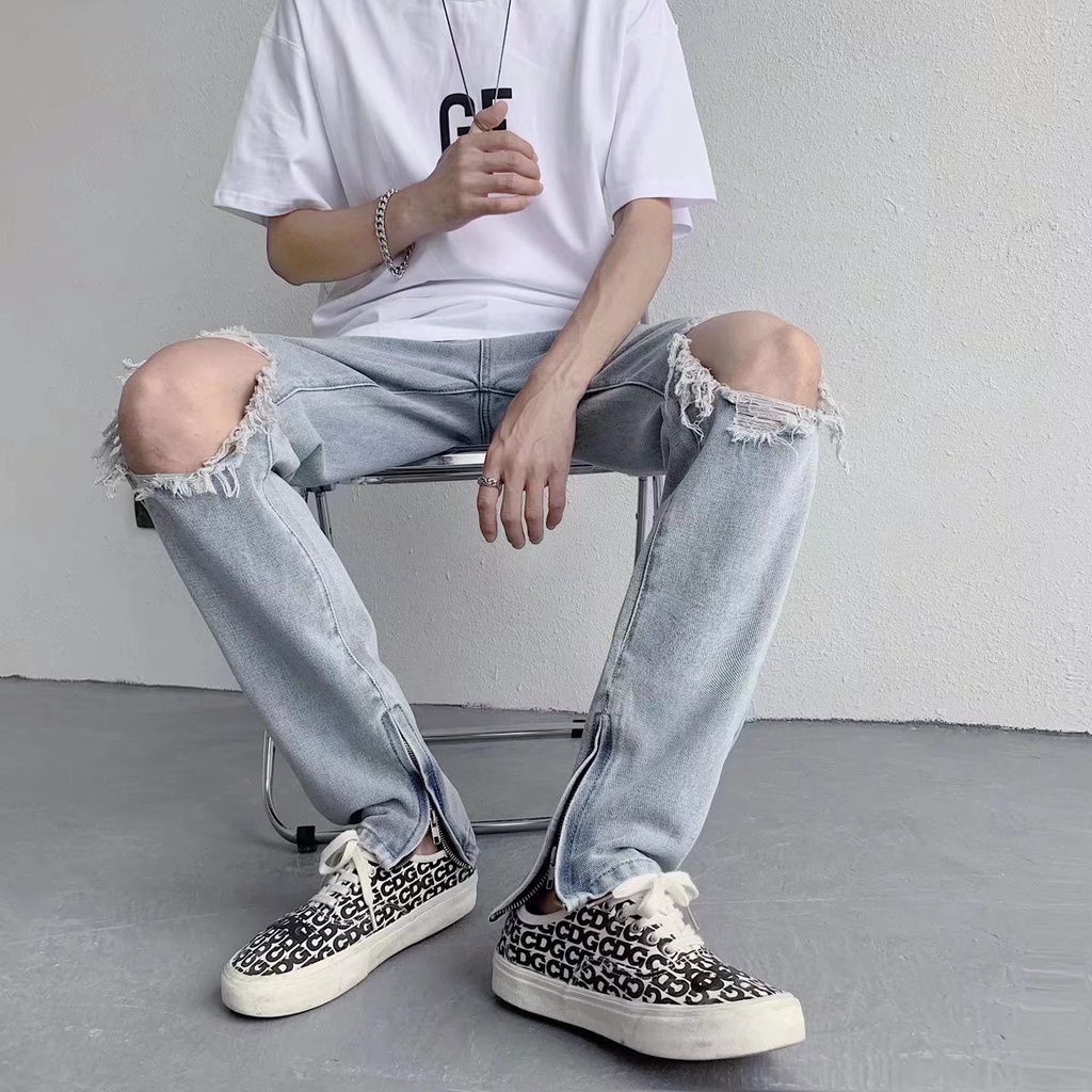Quần Jean Trơn quần jean ống suông Màu Dáng Suông Đơn Giản quần jean nam rách gối Thời Trang quần jean nam slimfit Hàn Quốc quần ống suông
