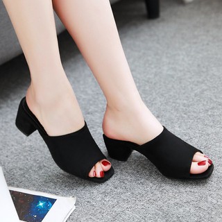 FREESHIP Dép cao gót  thời trang mũi vuông  cao 5cm nhung  màu đen size lớn 40 41 42 43 44
