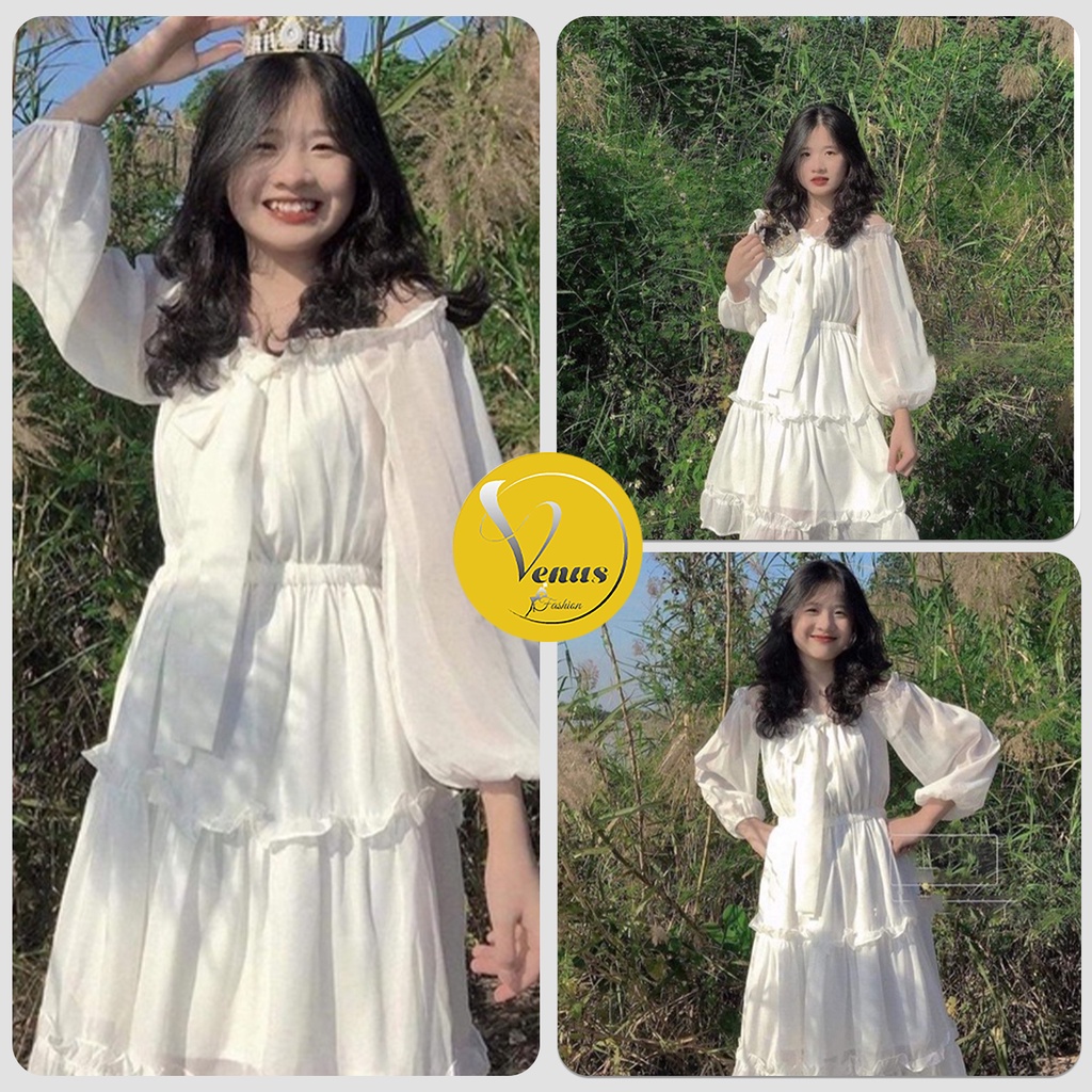 Váy trễ vai tiểu thư trắng 3 tầng nơ cổ nữ siêu dễ thương dự tiệc chất vải mềm mịn_VENUS