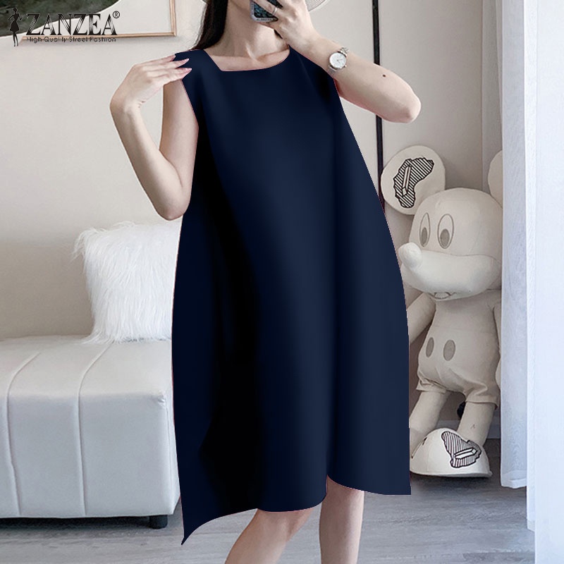 Zanzea Đầm Midi Không Tay Cổ Tròn Màu Trơn Phong Cách Hàn Quốc Thanh Lịch Dành Cho Nữ