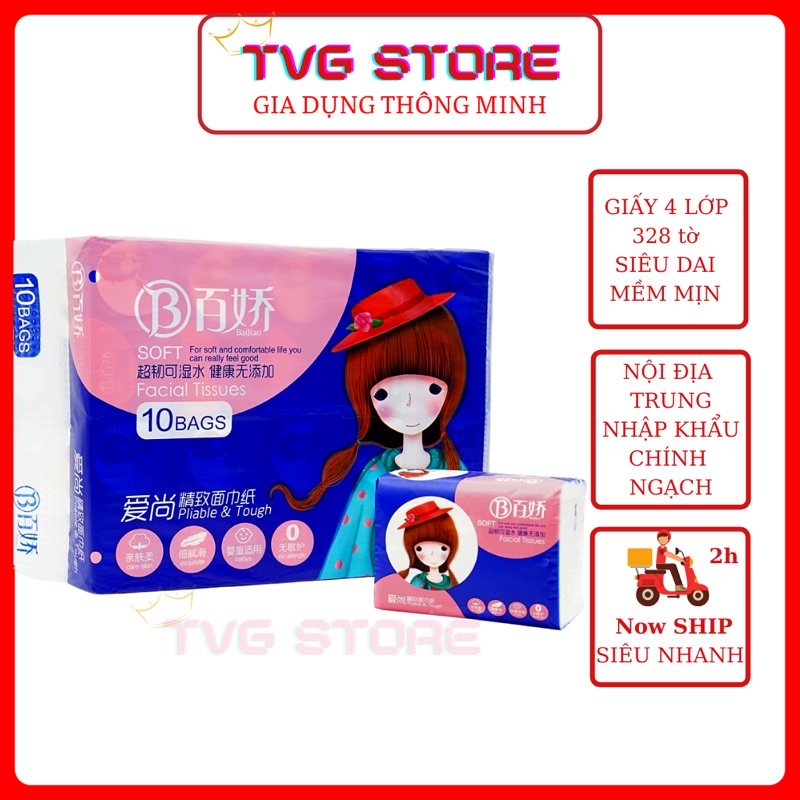 Khăn Giấy Ăn Bách Kiều 4 Lớp Giấy Ăn Nội Địa Trung Siêu Dai, Mềm Mại (Combo 10 Gói)
