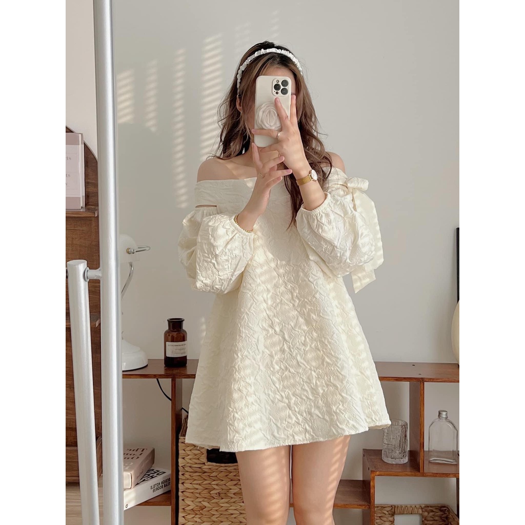 [Ảnh thật/Sẵn] Áo váy xốp gấm trễ vai thắt nơ vai dáng xòe giấu quần