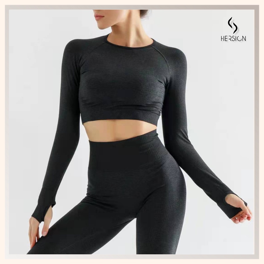 BỘ ĐỒ TẬP GYM NỮ DÀI TAY ÁO CROPTOP NỮ ÔM QUẦN LEGGING THỂ THAO MẪU MỚI HERSIGN