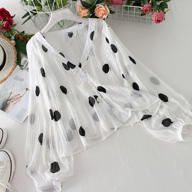Áo Sơ Mi Chiffon Mỏng Tay Phồng Cổ Chữ V Dáng Rộng Họa Tiết Chấm Bi Xinh Xắn Cho Nữ