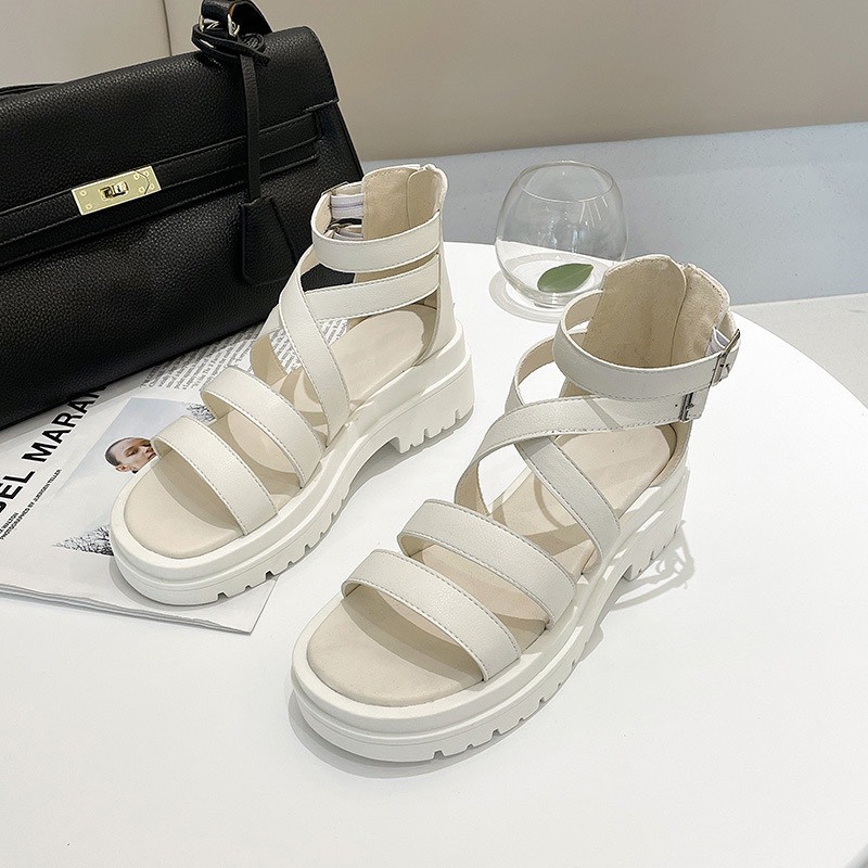 Giày sandal nữ gót cao phối da ulzzang quai ngang chiến binh