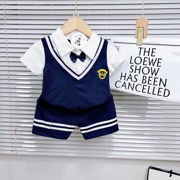 Đồ bộ bé trai, Set công tử thun cotton áo kiểu gilê ngắn tay cổ vest và quần short 2 vạch ngang size 7-18 kg, SUN KID'S