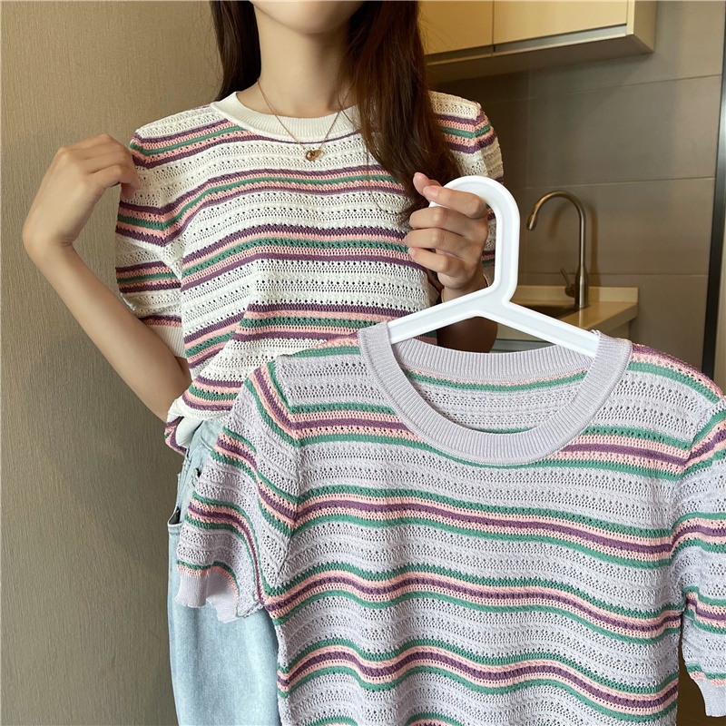 Áo Sweater Dệt Kim Tay Ngắn Cổ Tròn Họa Tiết Kẻ Sọc Màu Tím Phong Cách Cổ Điển Thời Trang Mùa Hè Mới Cho Nữ