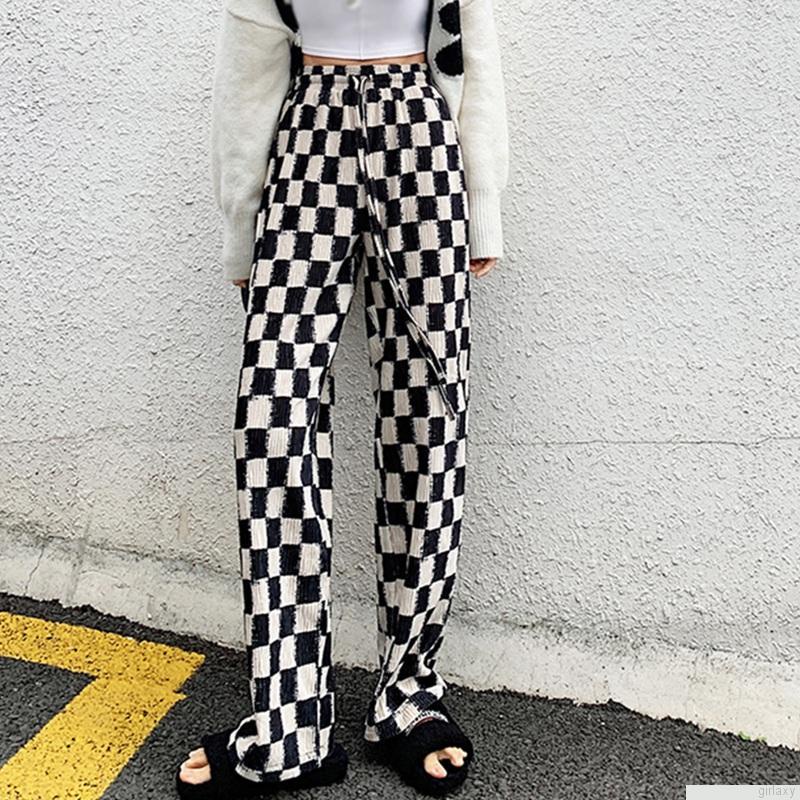 Quần dài ống rộng họa tiết kẻ ca rô trẻ trung cho nữ