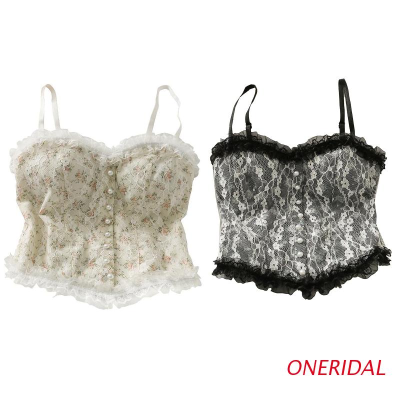 Áo croptop hai dây phối ren đính ngọc trai thời trang cho nữ