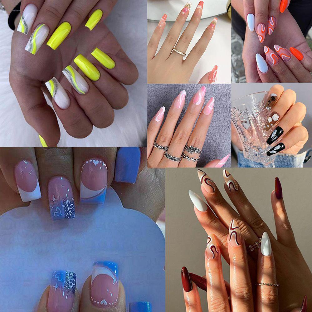 CACTU Bộ 24 Móng Tay Giả Dài Và Ngắn Gợn Sóng Hình Vuông