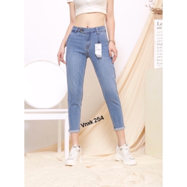 HÌNH THẬT- quần Jean nữ vnxk -khuy lệch ĐỘC LẠ chất co dãn mềm dáng boyfriend dài 9 tấc