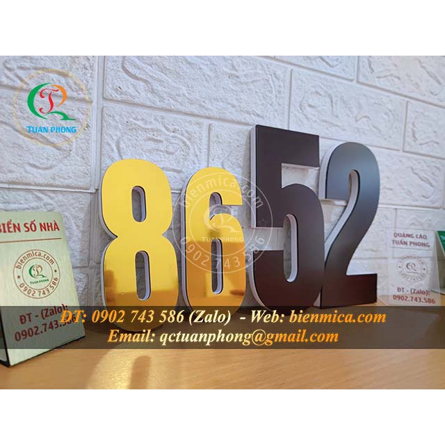 Số Nổi, Ký tự nổi, Chữ Nổi ,Số Nhà Nổi - Chất liệu Nhôm Alumium Vàng Gương, Vàng Xước, Bạc Xước + Đế nổi 10mm