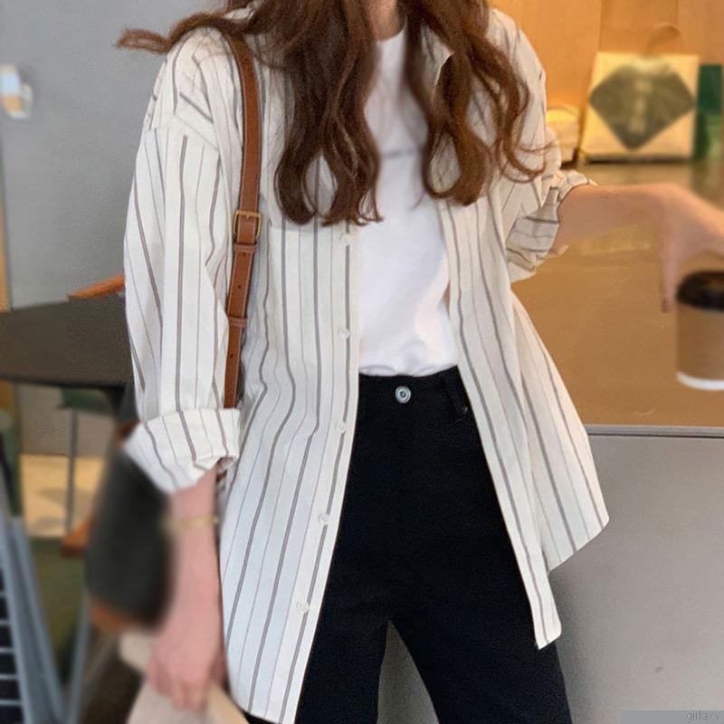 Áo sơ mi tay dài dáng rộng họa tiết sọc phong cách Hàn Quốc thời trang cho nữ