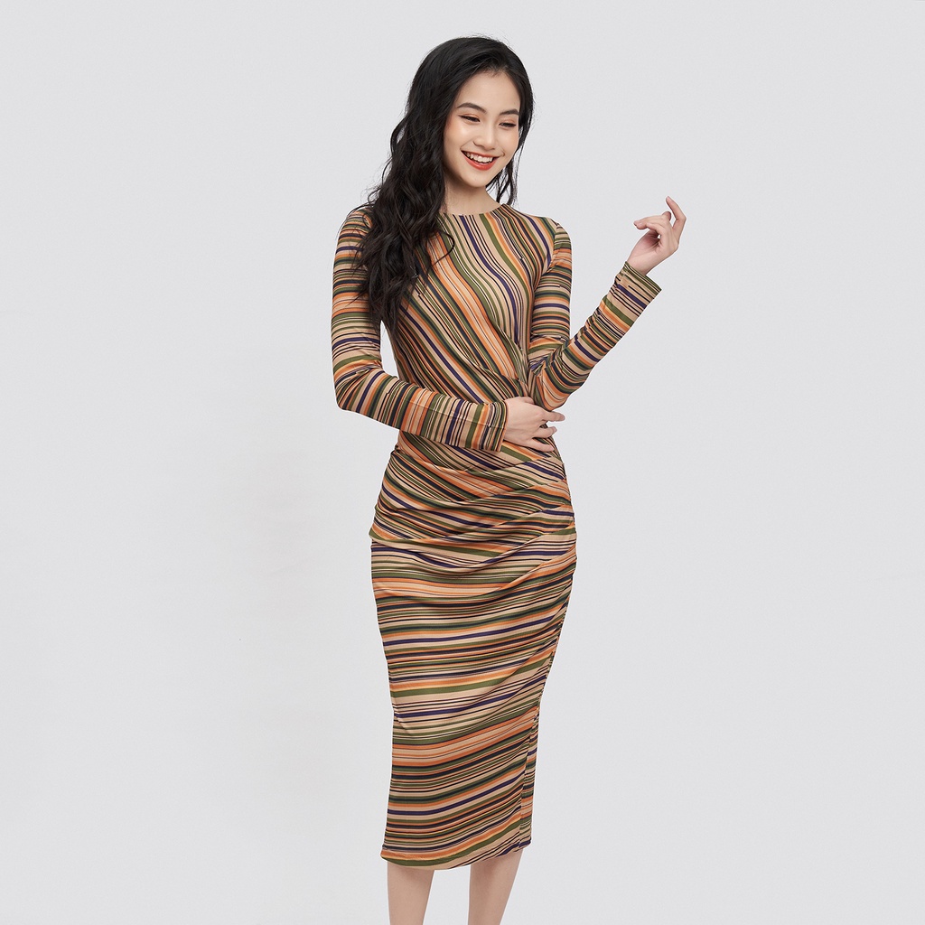 Đầm Body HECCI Cổ Tròn Nhiều Màu Tay Dài Phối Eo Nhún V122