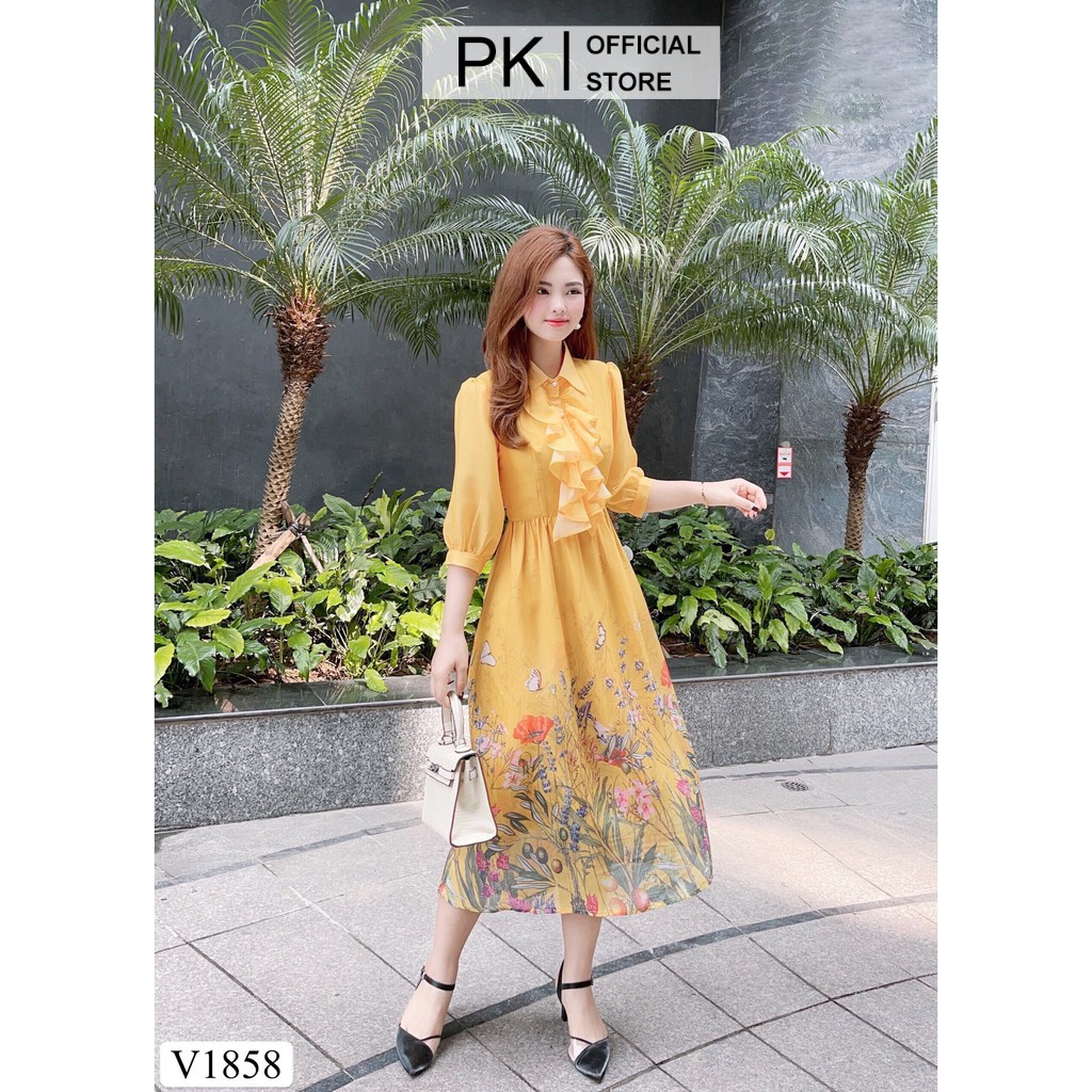 Váy Thiết Kế Dáng Xoè Vàng Bèo Ngực V1858, Đầm Thiết Kế Chất Liệu Voan Cao Cấp - PK Official