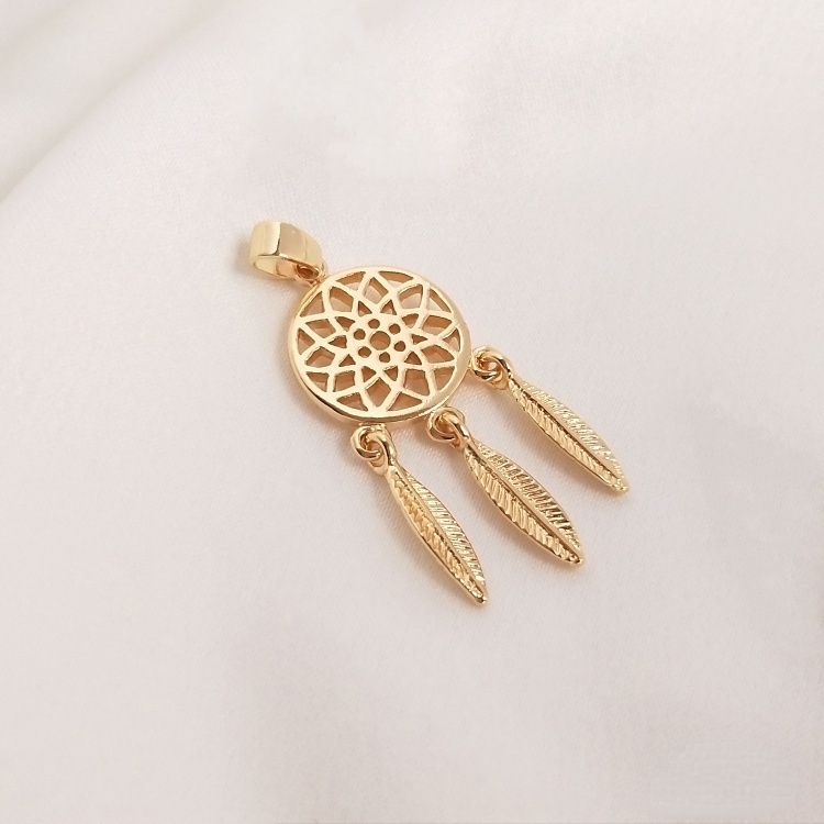 [little Blu] Mặt Dây Chuyền Hình Bông Hoa Lông Vũ Phối Tua Rua Bằng Đồng 14K Màu Vàng Đồng Cao Cấp Làm Mặt Dây Chuyền Phong Cách Mori
