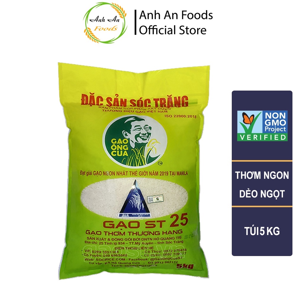 Gạo ST25 Ông Cua túi 5Kg Tem QR code Chính hãng- Gạo Ngon Nhất Thế Giới - Giá Sỉ, Date mới