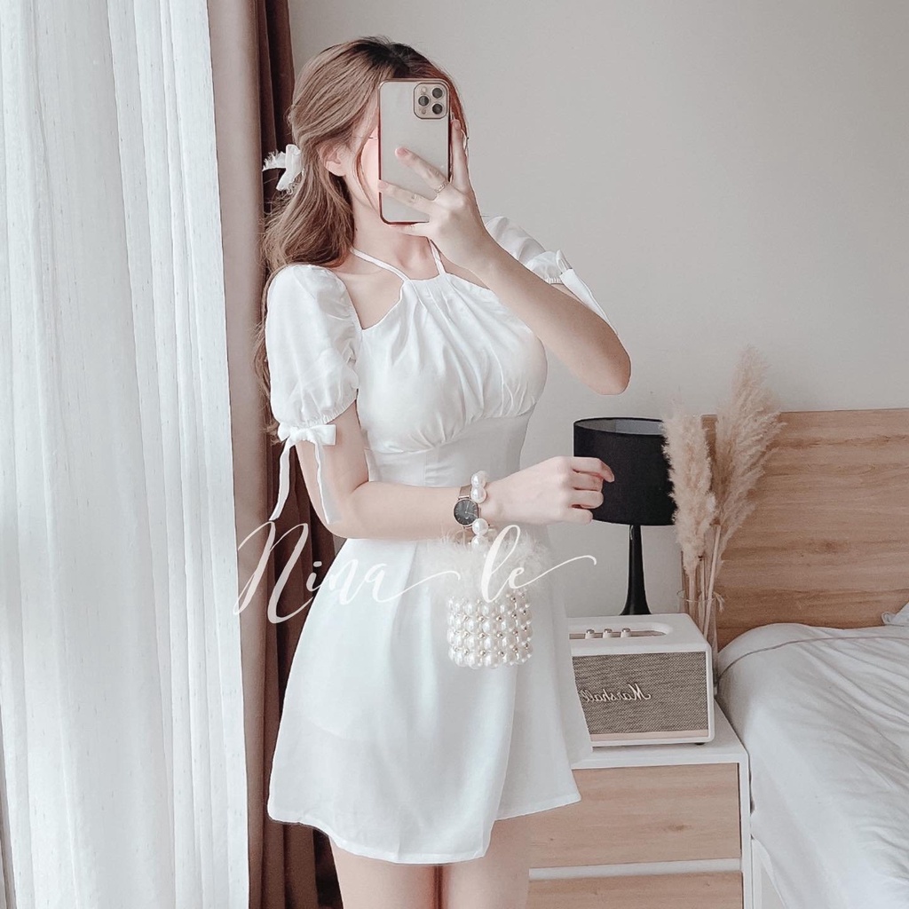 Đầm váy nữ ôm eo dáng xòe siêu xinh họa tiết 3 màu cổ kiểu yếm tay ngắn cột nơ sang trọng dự tiệc dạo phố