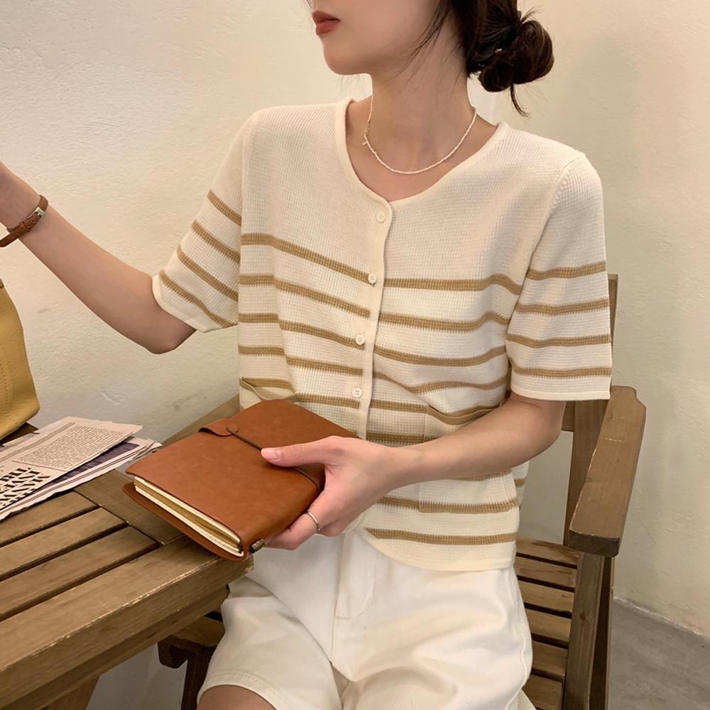 Áo Cardigan Dệt Kim Tay Ngắn Họa Tiết Kẻ Sọc Nhiều Màu Sắc Thời Trang Mới 50520