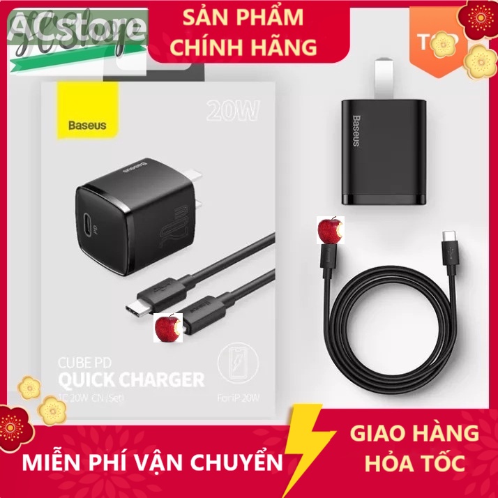 Combo - Củ sạc CUBE Baseus 20W USB C hỗ trợ sạc nhanh Type C PD cho IP táo 12 Pro Max 11 Mini 8 Plus -  ACstore