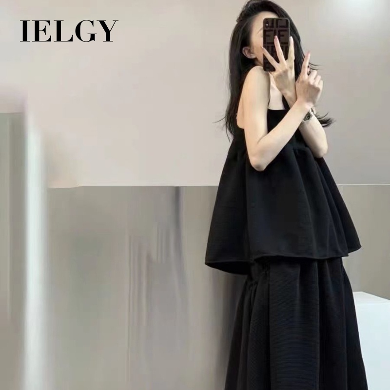 Set đầm hai dây IELGY màu đen phong cách retro Pháp thời trang mùa hè cho nữ (Có bán lẻ)