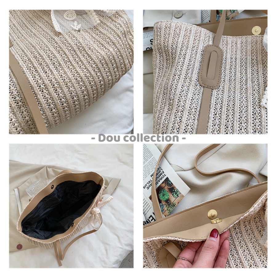 [NowShip2h] Túi Cói Đeo Vai (Túi Xách Kẹp Nách) Tote Trơn Phối Nơ Ren Thời Trang Đi Biển - Mã XT055
