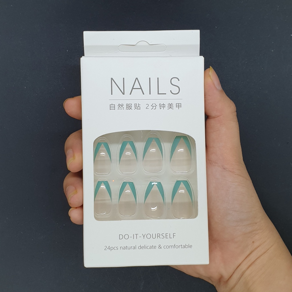 Bộ 24 móng tay giả trong suốt viền xanh dương  SẴN KEO DÁN