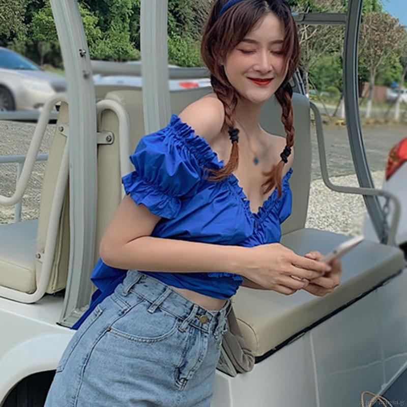 Áo Crop Top Tay Ngắn Cổ Chữ V Màu Trơn Gợi Cảm Sành Điệu Cho Nữ