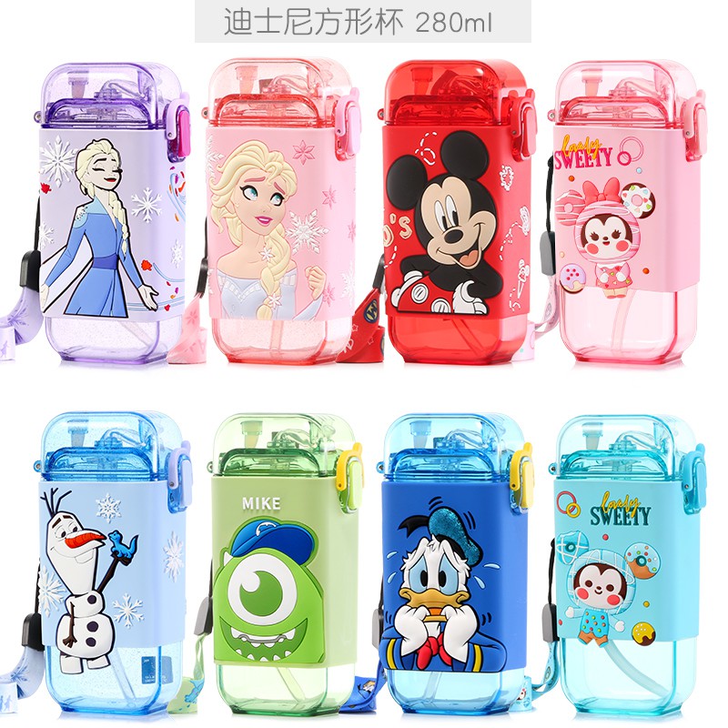 Bình uống nước DISNEY chính hãng có dây đeo dung tích 280ML in hình Elsa/Olaf/Mickey/Tsum/Hồng Hạc/Hươu/Ngựa Vằn