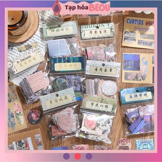 Sticker retro hình dáng đa dạng set 100 tấm, nhãn dán cổ điển trang trí sổ tay