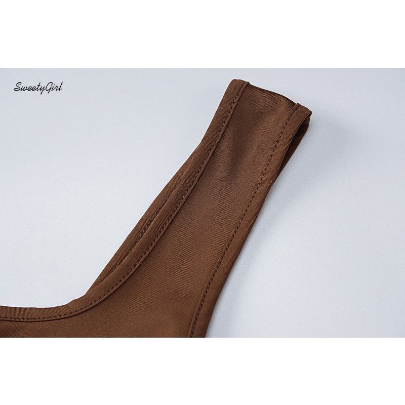 Bộ Đồ Thời Trang 2022 Cổ Vuông Màu Nâu Ôm Eo Quyến Rũ Cho Nữ