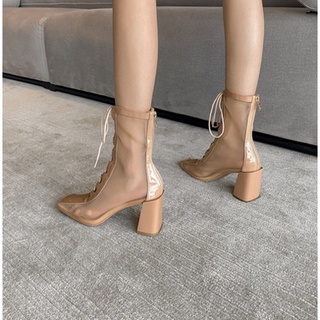 (Order) Giày boot da đan dây mũi vuông đế cao 7cm style Hàn Quốc