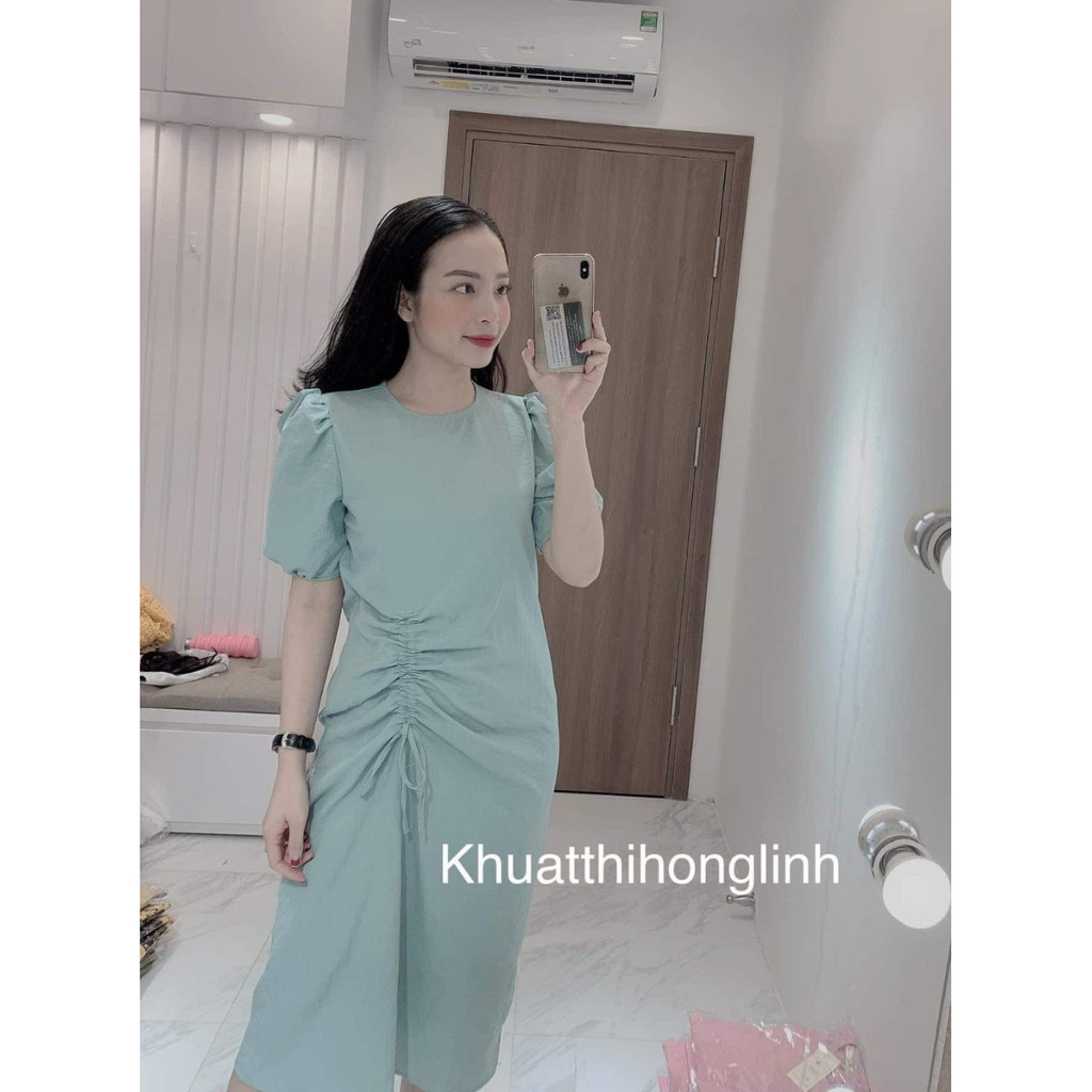 váy suông trơn tay bồng rút eo chất đũi | BigBuy360 - bigbuy360.vn