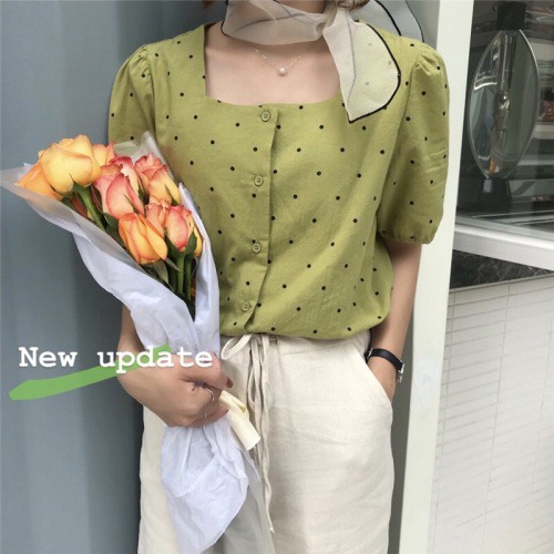 SUXI Áo sơ mi chấm bi ngắn tay phong cách Hàn Quốc thanh lịch dành cho nữ