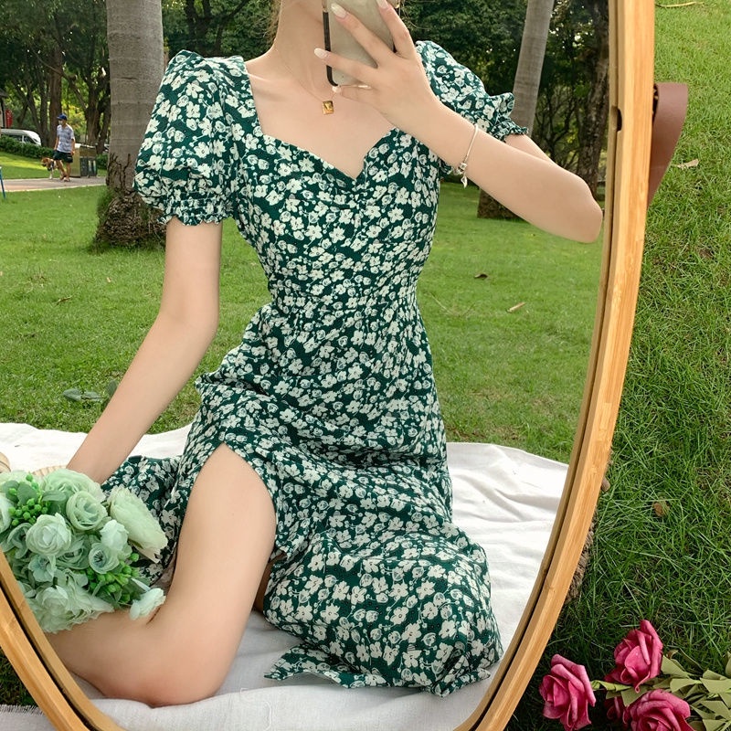 Đầm Hoa Tay Phồng Xẻ Tà Vải Lụa Mát Thời Trang Pháp Quyến Rũ Cao Cấp Cho Nữ