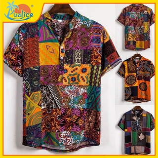 New Men's Korean Slim Fit Short Sleeve Shirt with Contrast Stitching Floral Casual Stand Collar